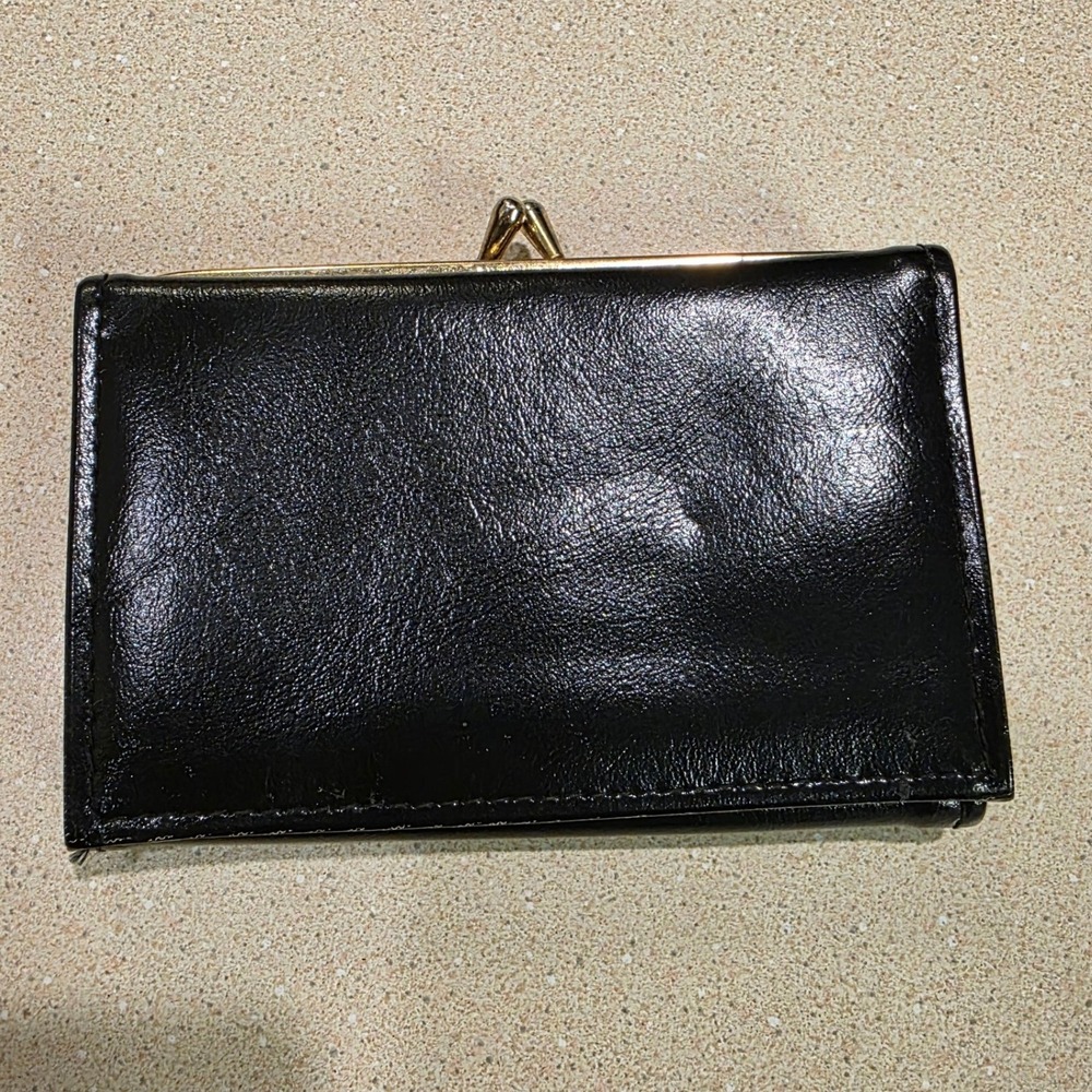 Brand's‎ Trifold Wallet Small Black Leather Kiss Lock Coin Purse Gold Hardware